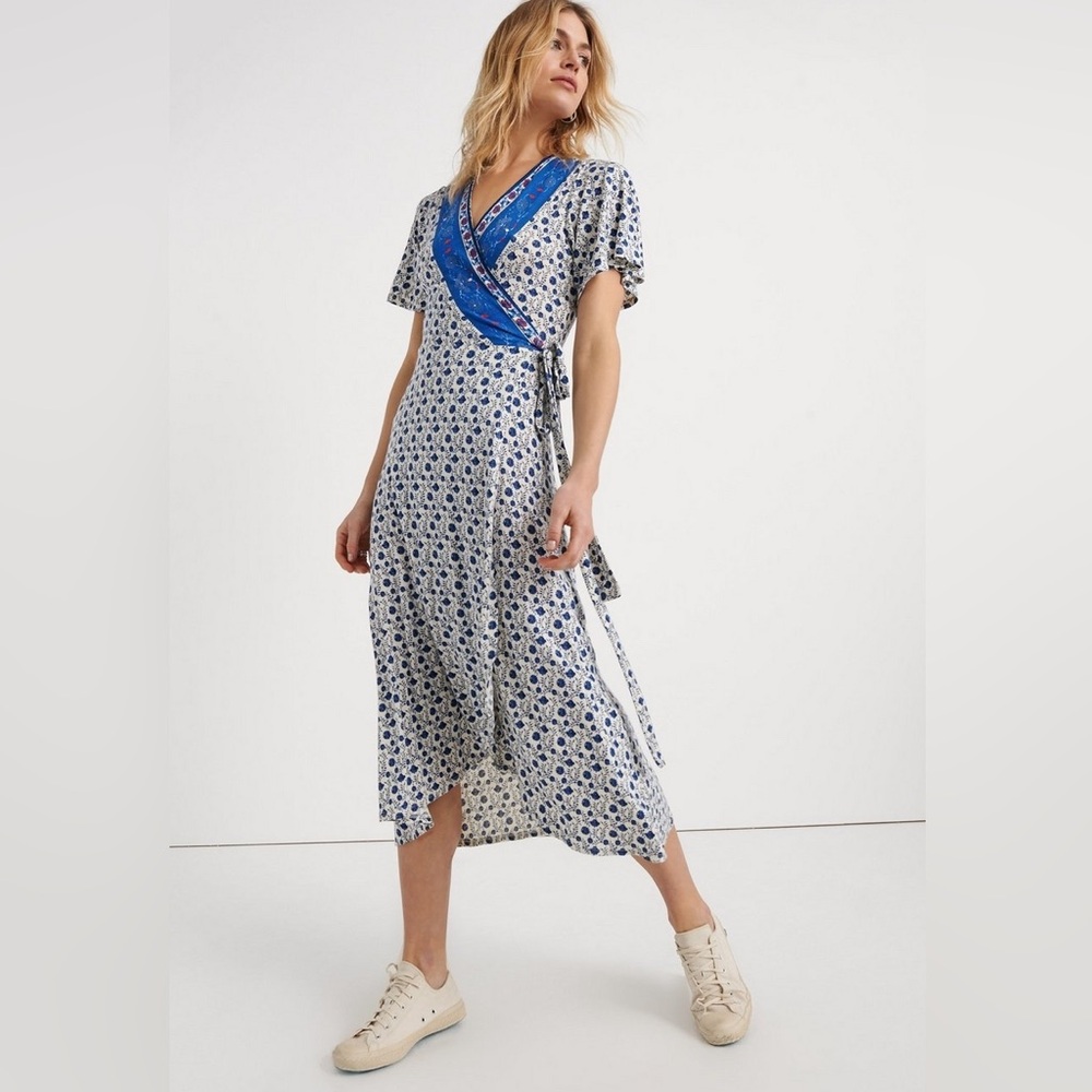 Lucky Brand Border Print Midi wrap Dress XS small blue floral print